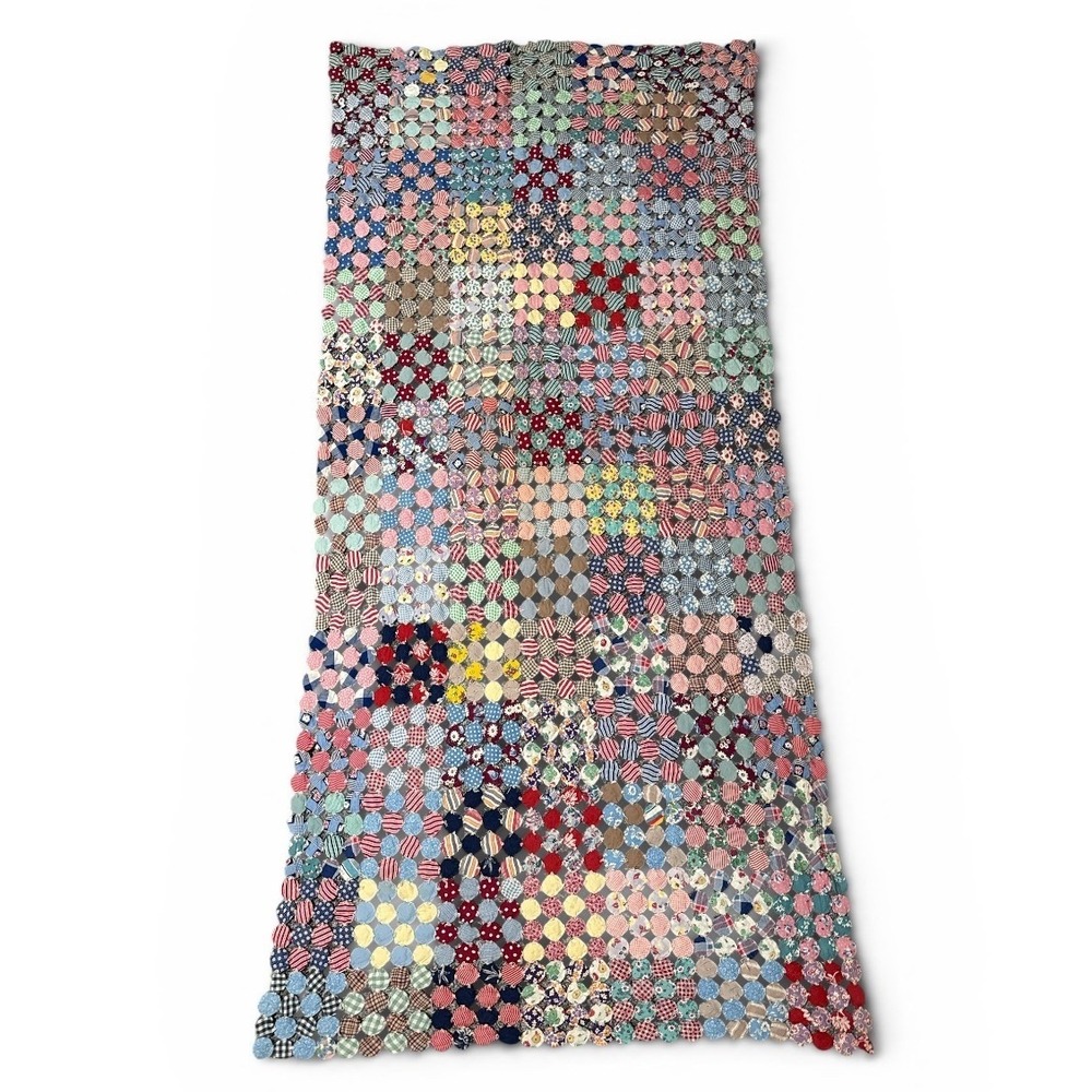 Handmade Vtg Yo-Yo Quilt Topper Throw Multi-Color Patchwork 72x34 Floral Boho - Picture 3 of 8